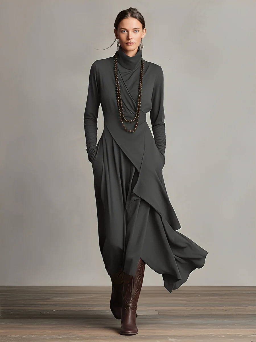 Robe maxi en velours violet pour femmes avec col montant, asymétrique et stylée MDA2055J9I