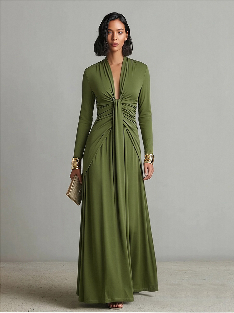 Robe en soie olive pour femmes avec coupe ajustée, décolleté en V profond et détails froissés, robe maxi éclatante MDA0509L8I