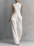 Ensemble top sans manches au look élégant en coton et lin blanc avec pantalon large MDZ0221B1BA