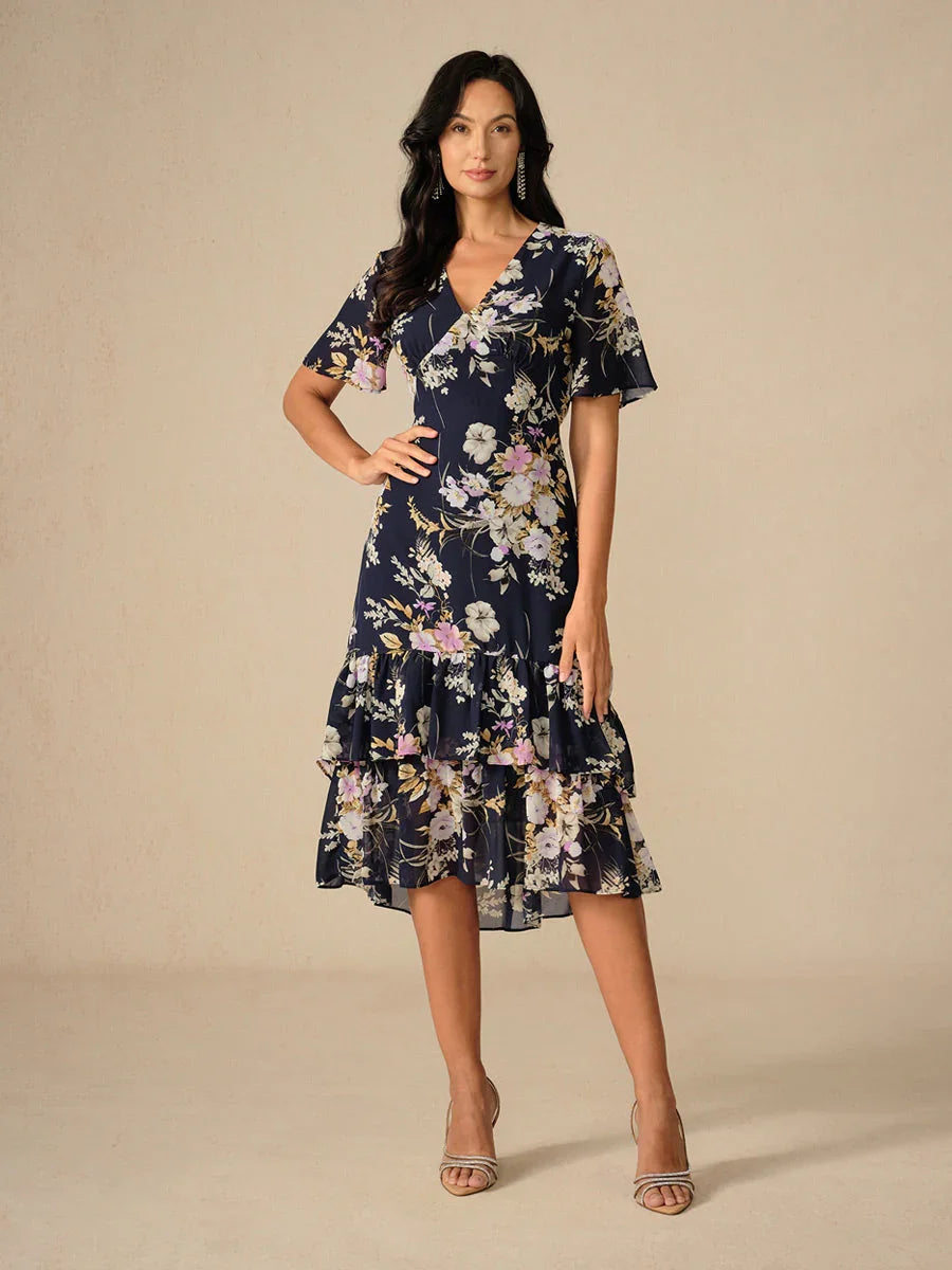 Robe midi en chiffon à fleurs avec décolleté en V et zips