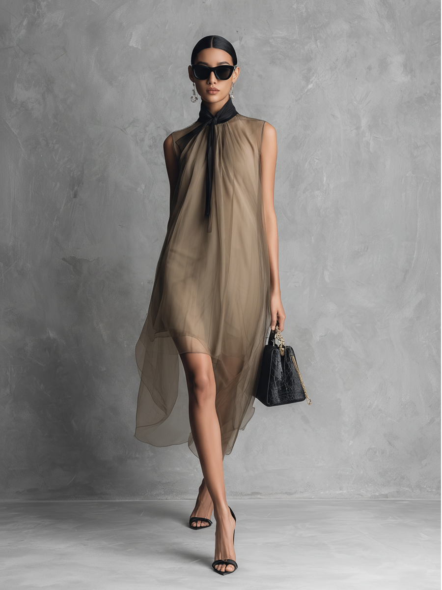 Robe en chiffon sans manches pour femmes en couleur kaki et marron avec des combinaisons de couleurs MDZ1535A7BA