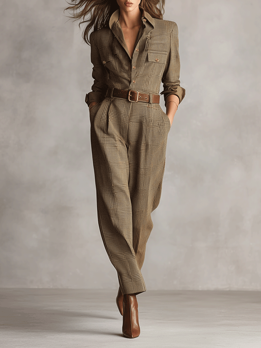Body pour femmes en couleur marron - Tweed avec texture raffinée (sans ceinture) MDA0167I2I