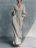Robe maxi pour femmes en beige en coton et lin avec rayures et décolleté en V MDZ0361C4BA