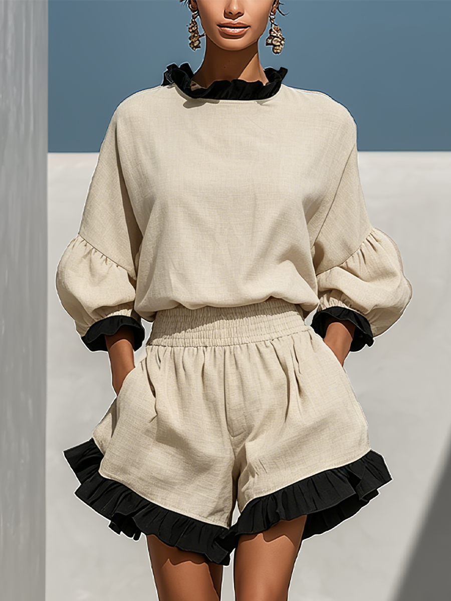 Chemise blouse longue à manches pour femmes en beige avec des bords en raphia contrastants et un short à taille haute avec bord en raphia - Ensemble deux pièces MDZ1018D0T