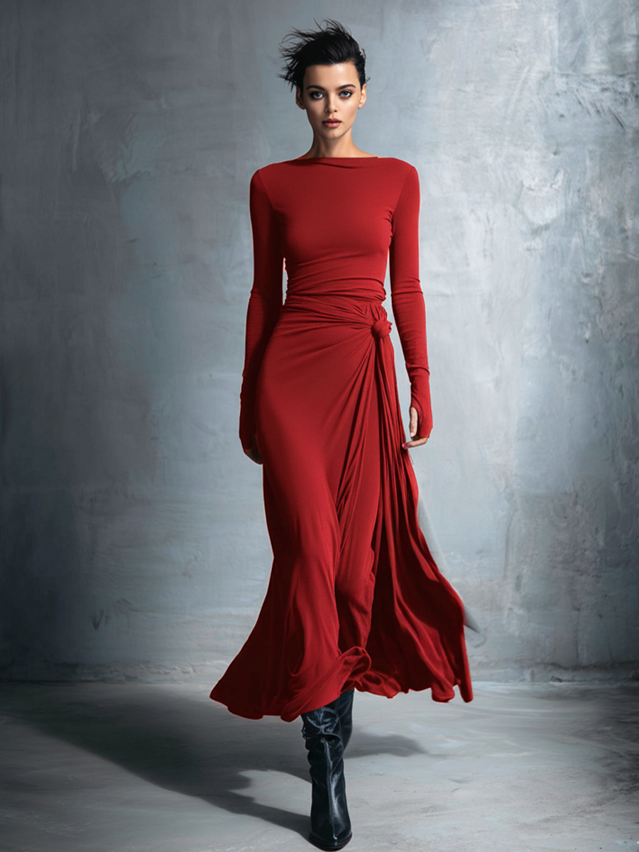 Robe maxi femme grise raffinée en tissu stretch - Robe maxi avec nœud MDA1401H9I