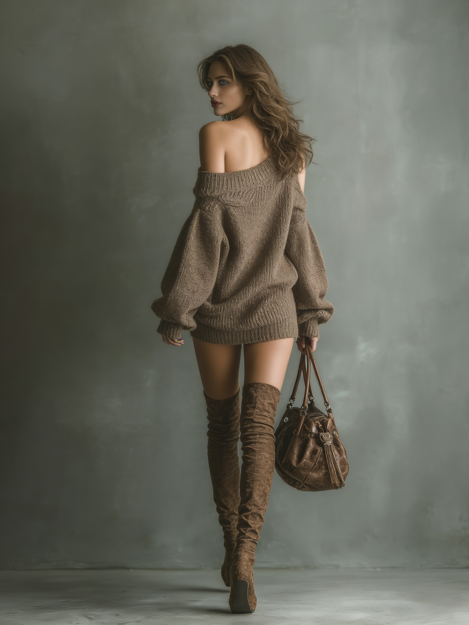 Robe mini en tricot pour femmes de couleur marron avec épaules nues MDA1376K0T