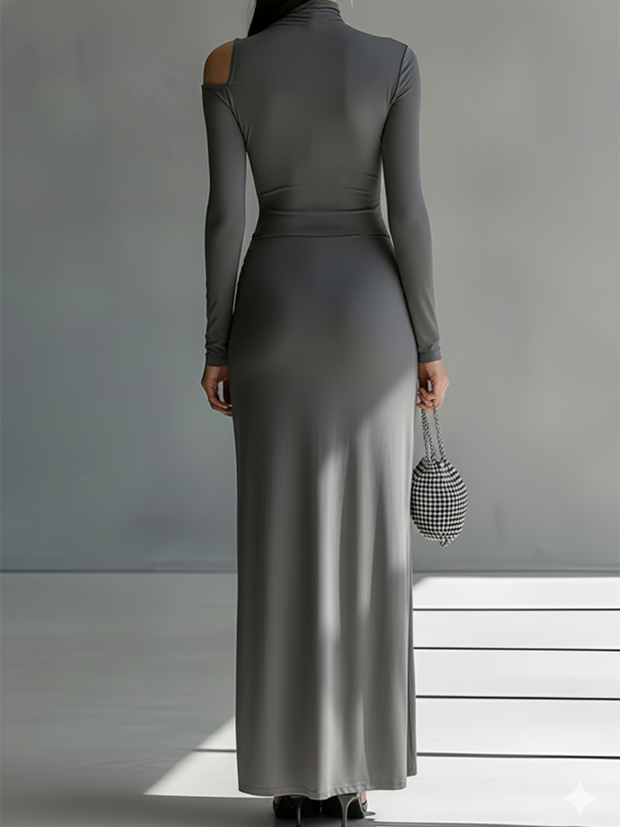 Robe maxi femme grise en soie stretch avec détails froissés et coupe MDA0546K6I