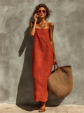 Robe en coton rouge pour femmes avec bretelles spaghetti et col carré, robe boho-resort intemporelle MDZ0924C3I