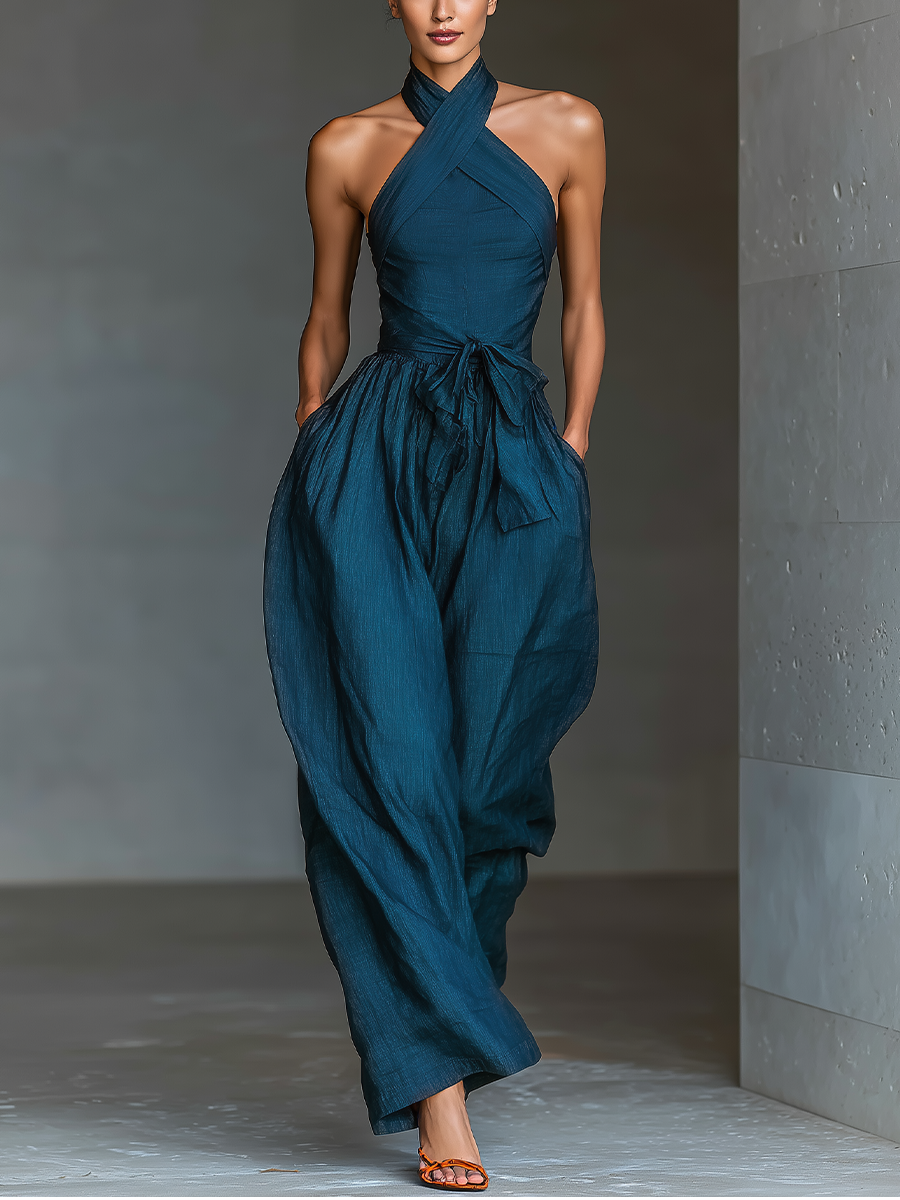 Robe d'été pour femmes en lin de couleur bleu foncé avec col croisé, taille ajustable et pantalons larges MDZ0455B5T