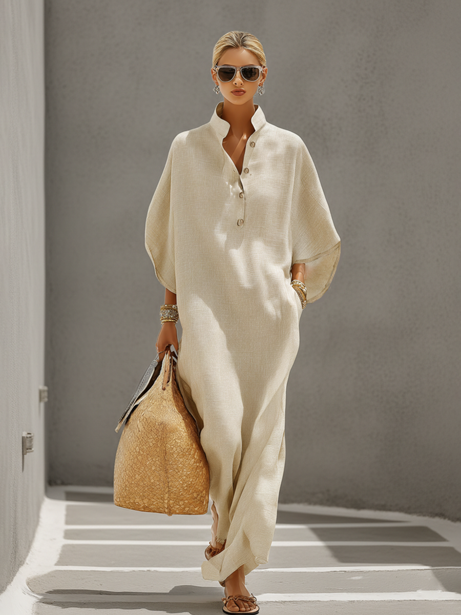 Robe en lin à motifs de grains pour femmes avec col mandarin et manches dolman, robe de style décontracté intemporelle MDZ0552B1I