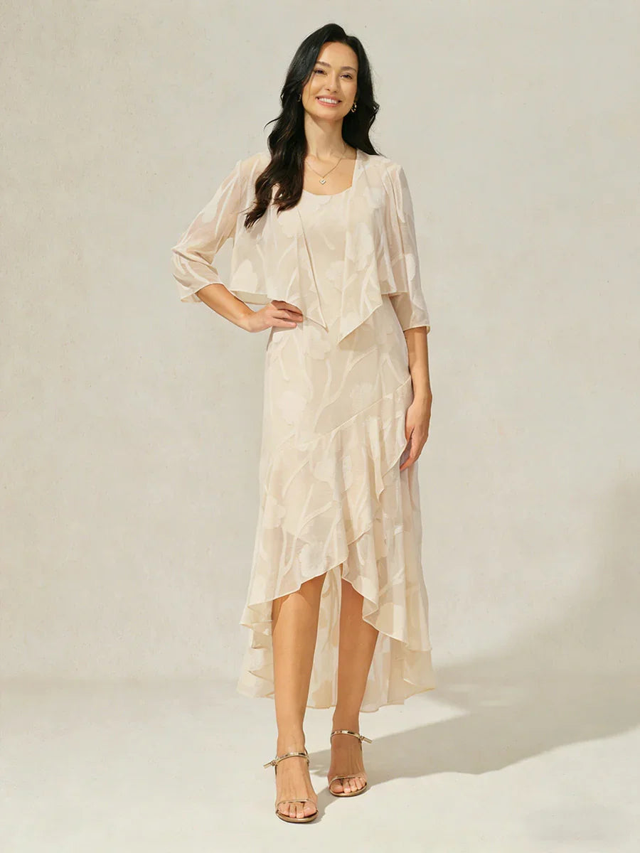 Robe de soirée sans manches en chiffon floral avec des bords asymétriques