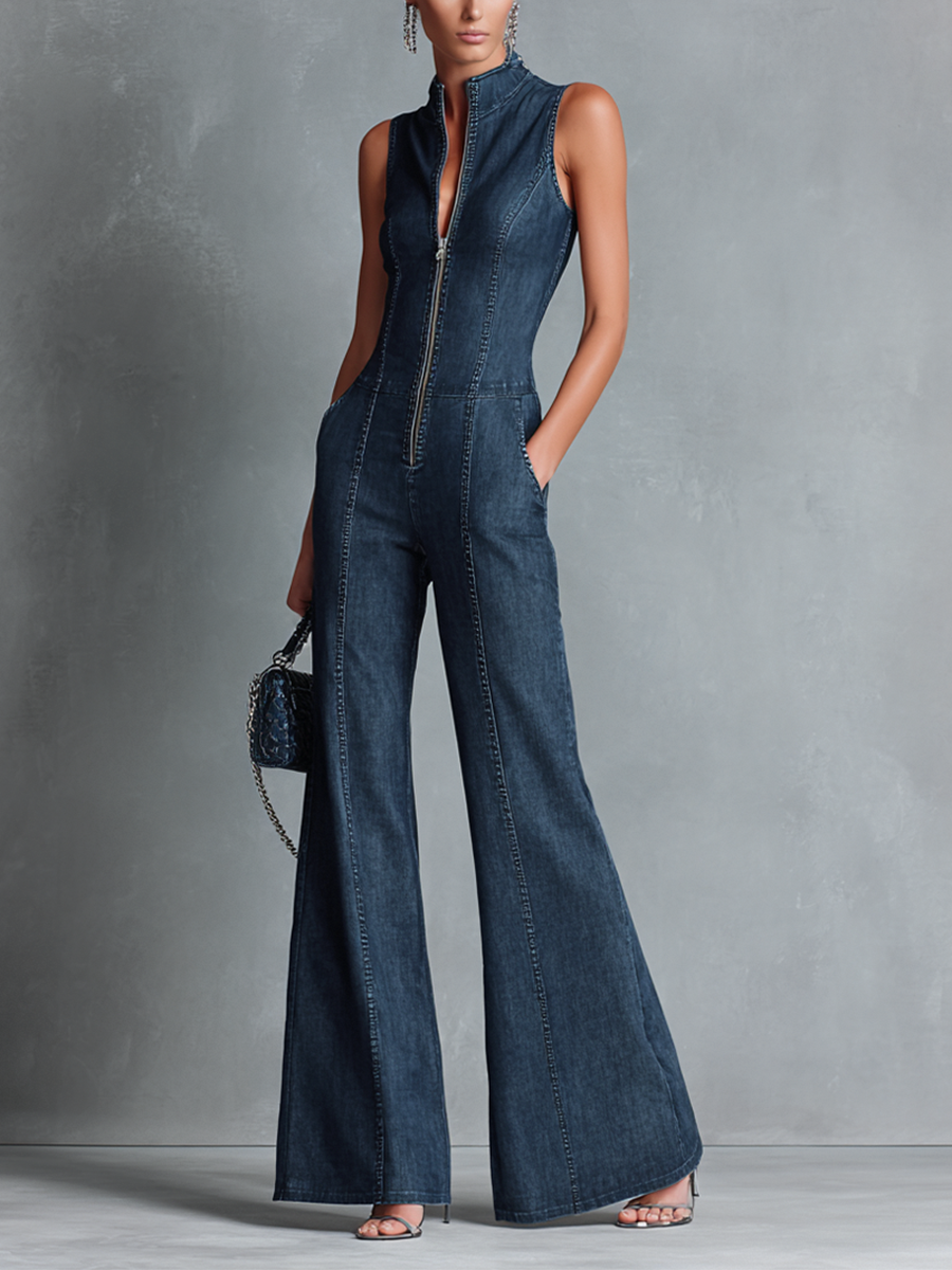 Robe en jean foncé avec col haut, sans manches, avec fermeture éclair avant MDZ1239B2BA