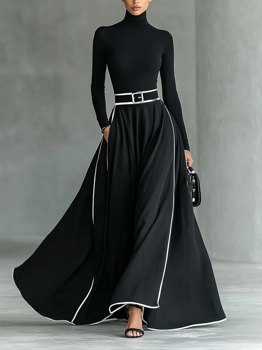 Robe maxi noire pour femmes avec coutures blanches, col haut, manches longues, ceinture ajustée MDA1031G0Y
