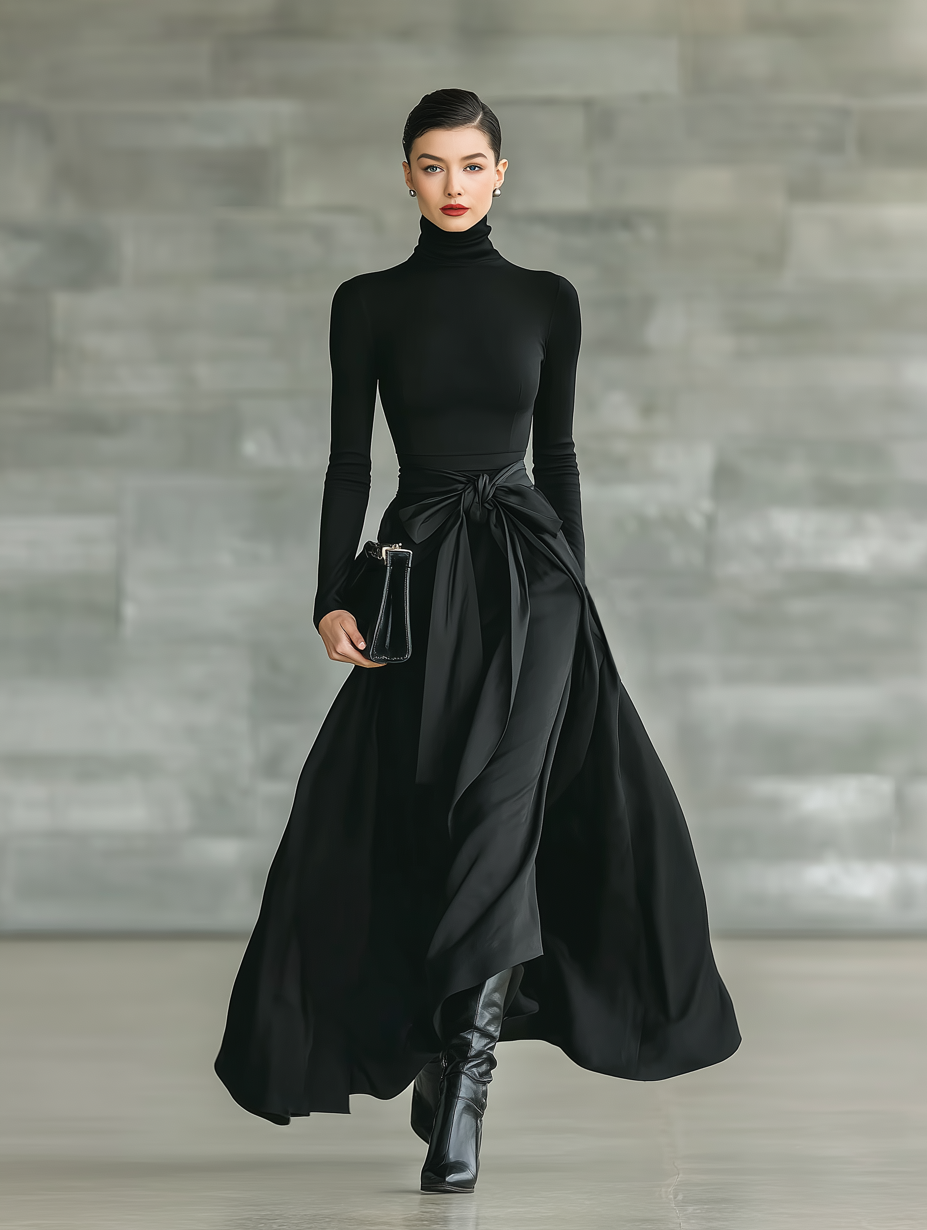 Robe maxi noire pour femmes avec col haut, stretch, tricotée et satin MDA2851J4T
