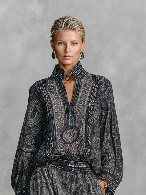 Ensemble chemise et pantalon avec col montant, manches longues et motif paisley vintage pour femmes MDA2558G3Y