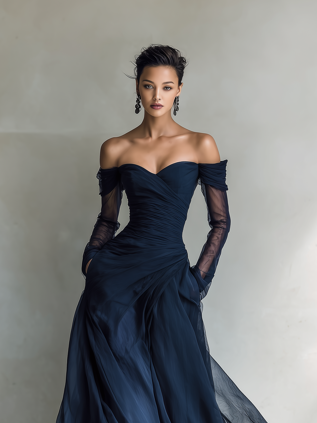 Robes maxi pour femmes en bleu foncé, en soie organza, avec des manches longues et une épaule dénudée MDA1711L9AN