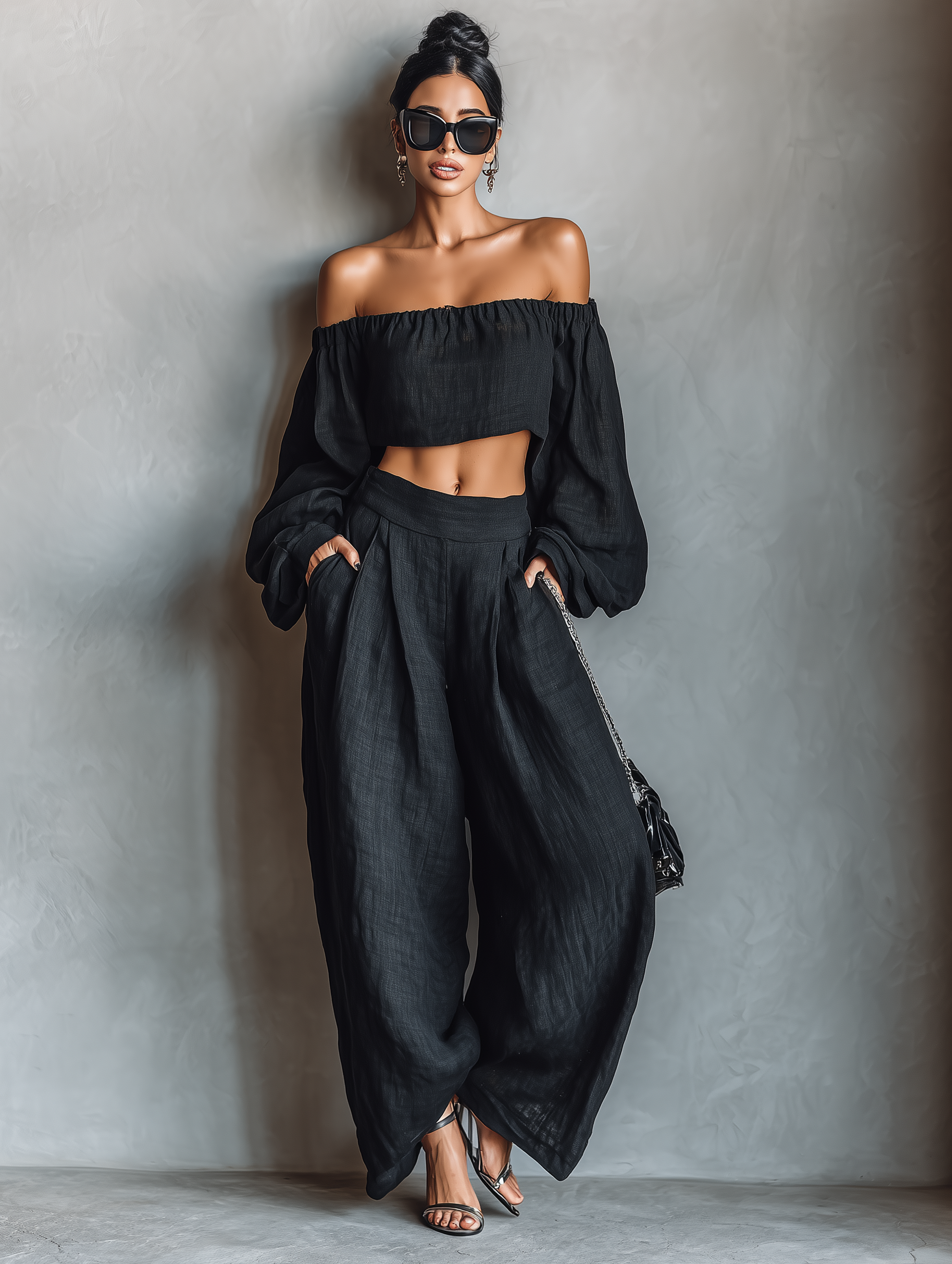 Body pour femmes en lin minimaliste sans manches avec pantalons larges MDA1900L7Y