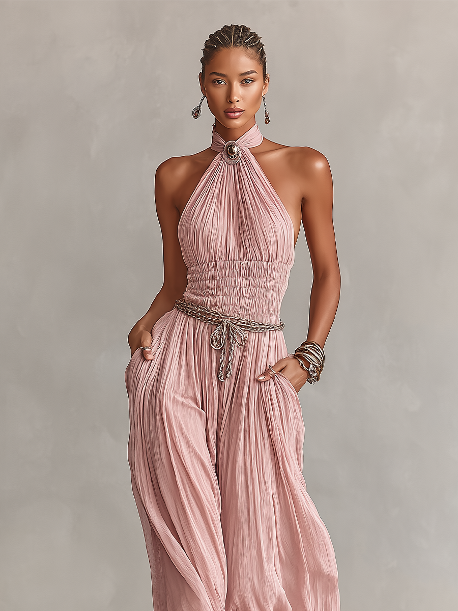 Body pour femmes en couleur blush avec col montant et taille froncée, style romantique-élegant intemporel (sans ceinture) MDZ1133B7I