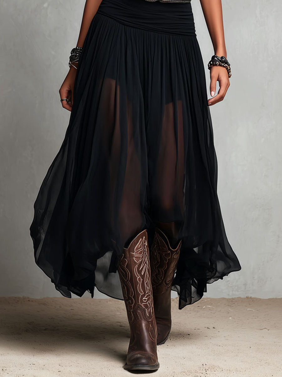 Robe maxi stretch noire boho occidental avec jupe transparente