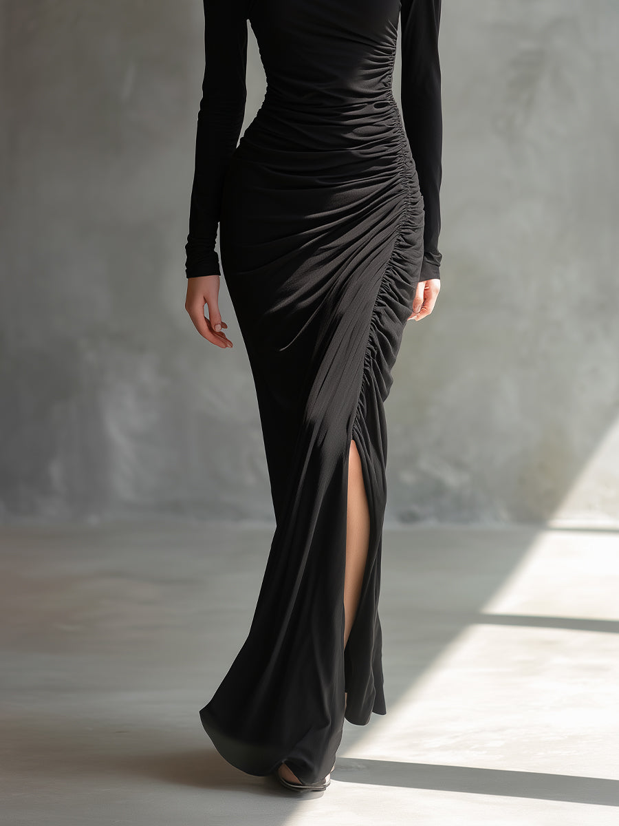 Robe maxi noire élégante pour femmes avec épaules dénudées et déchirures MDA2125H9I