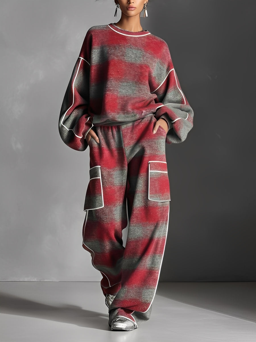 Ensemble de pantalons avec passepoil coloré style urbain pour femmes, en rouge et gris avec du lin MDA1065K4I