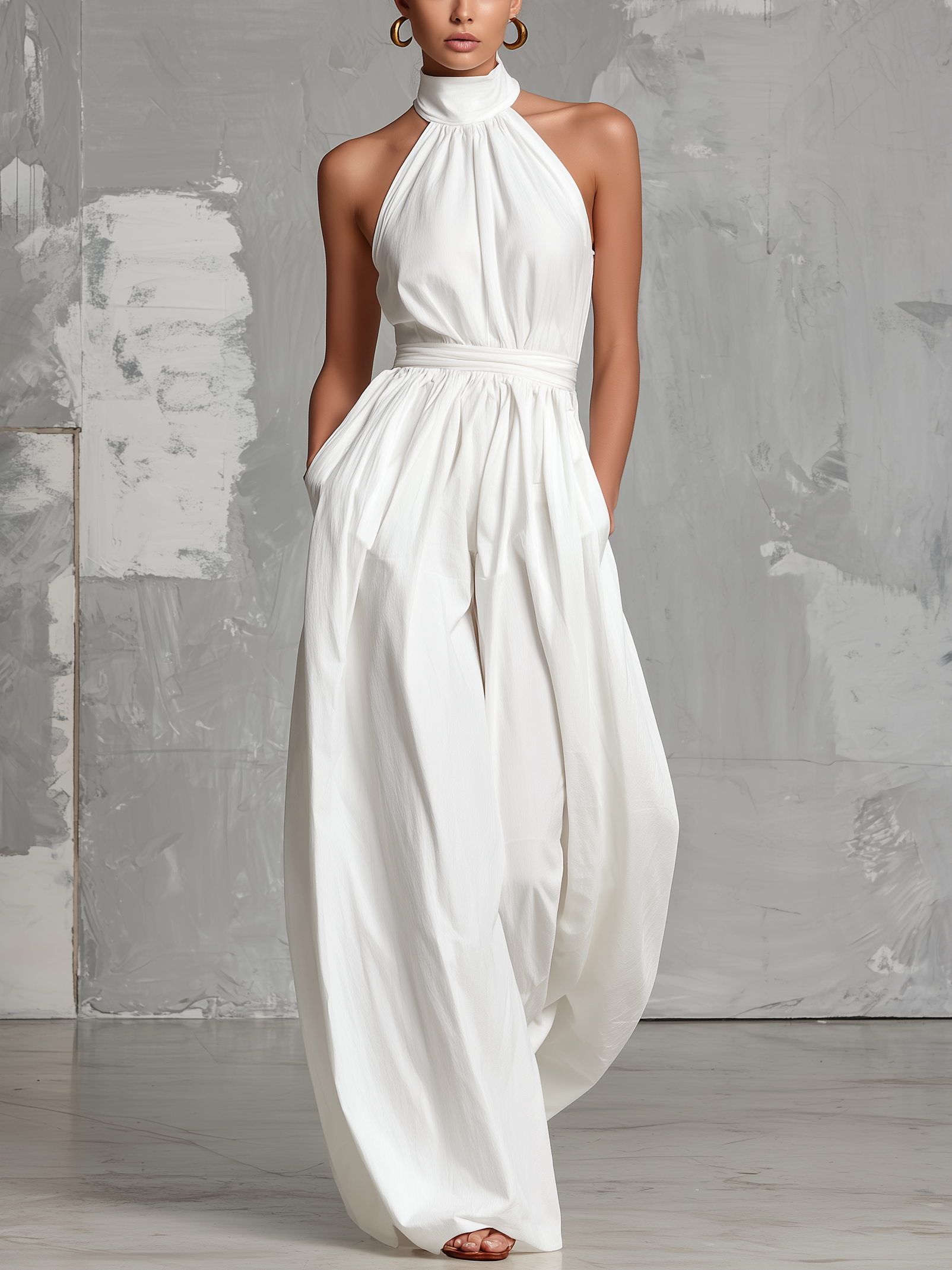Robe d'été élégante pour femmes en blanc, avec col halter sans manches MDZ0554A3AN