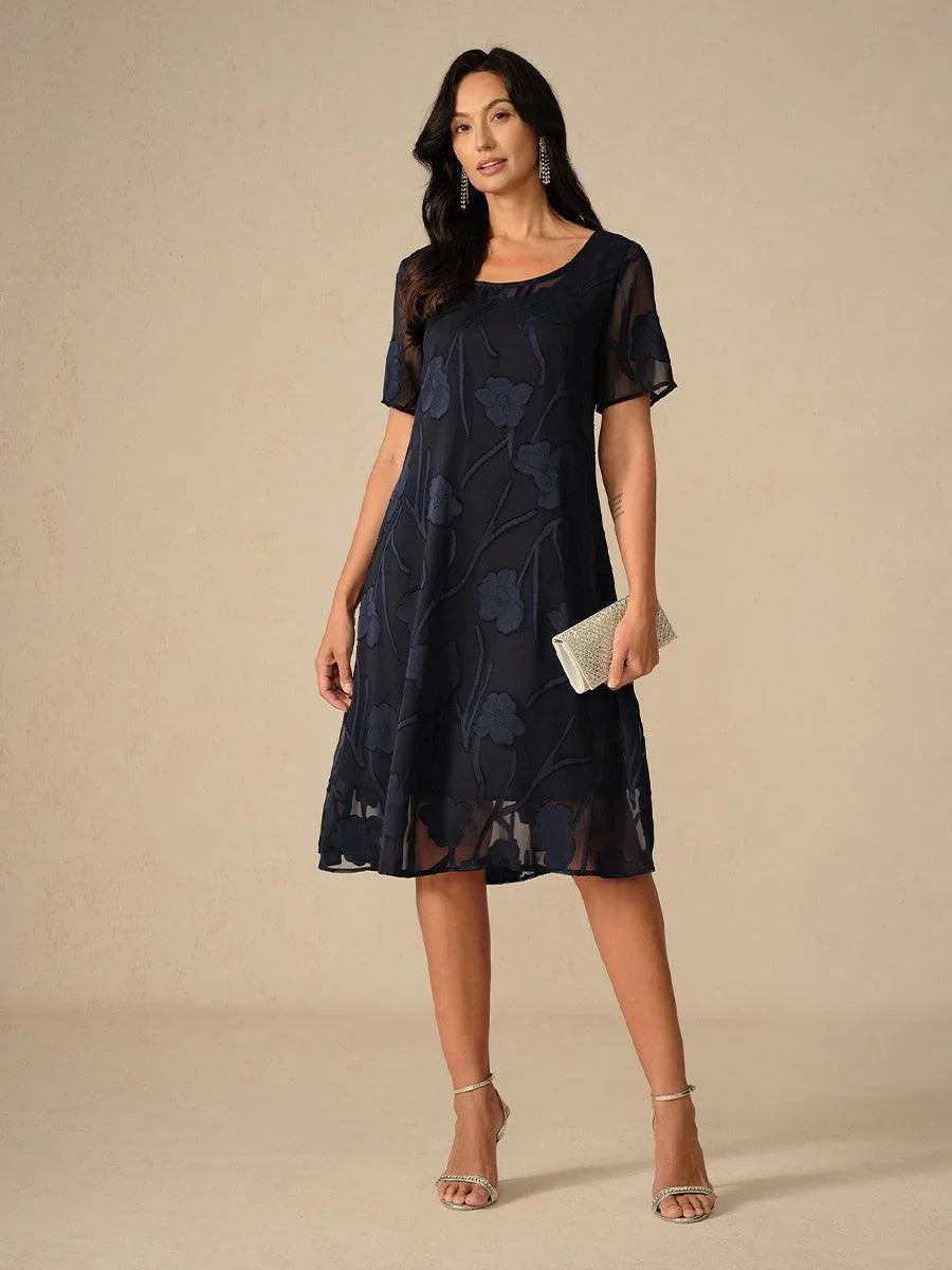 Robe A-Line en chiffon transparent avec des fleurs, longueur genou