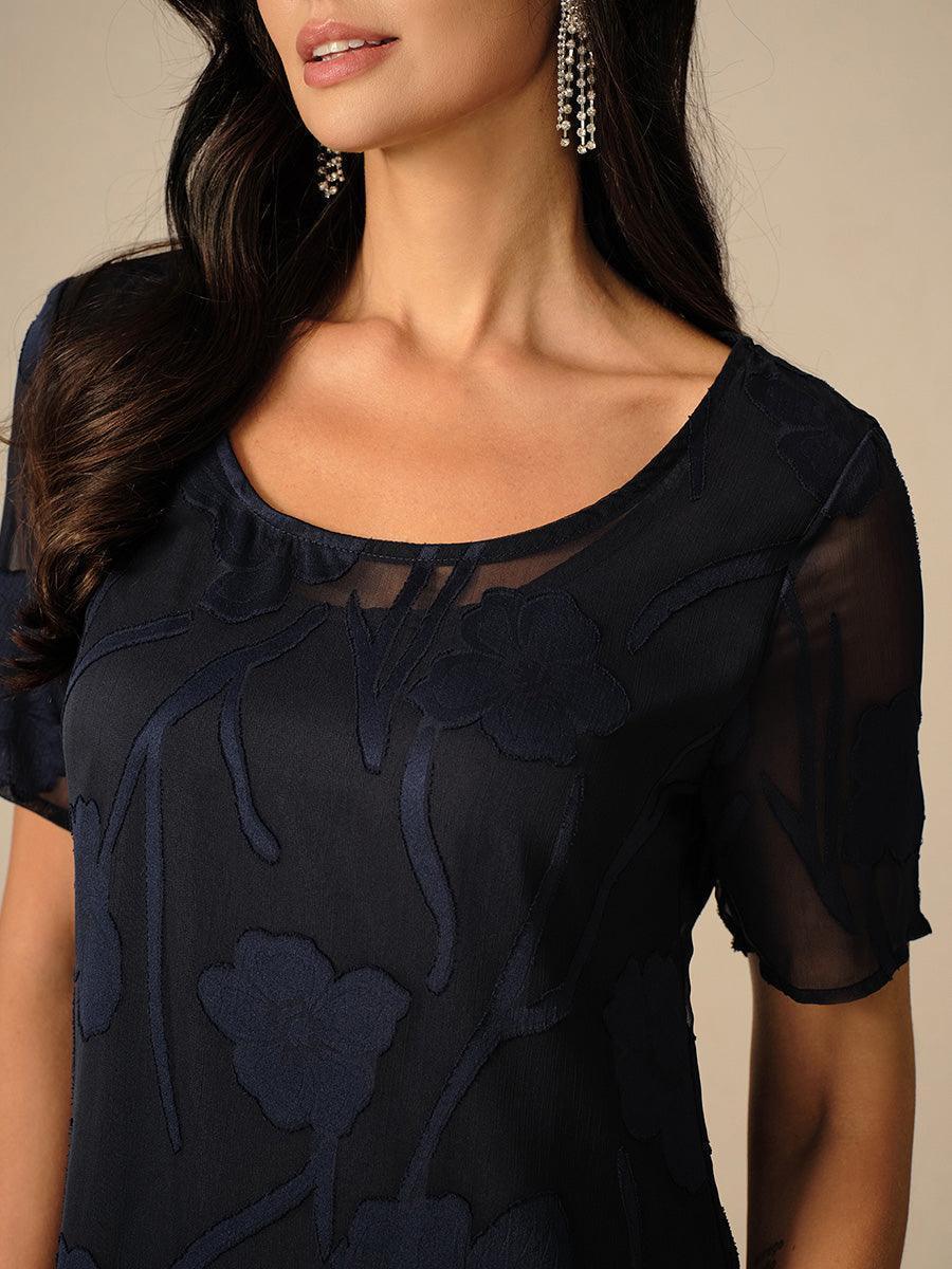 Robe A-Line en chiffon transparent avec des fleurs, longueur genou
