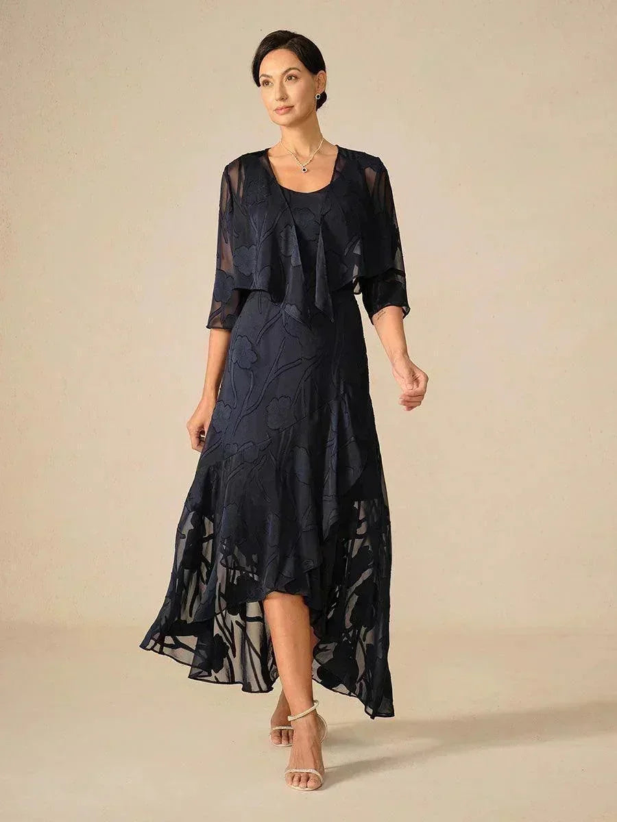 Robe de soirée sans manches en chiffon floral avec des bords asymétriques
