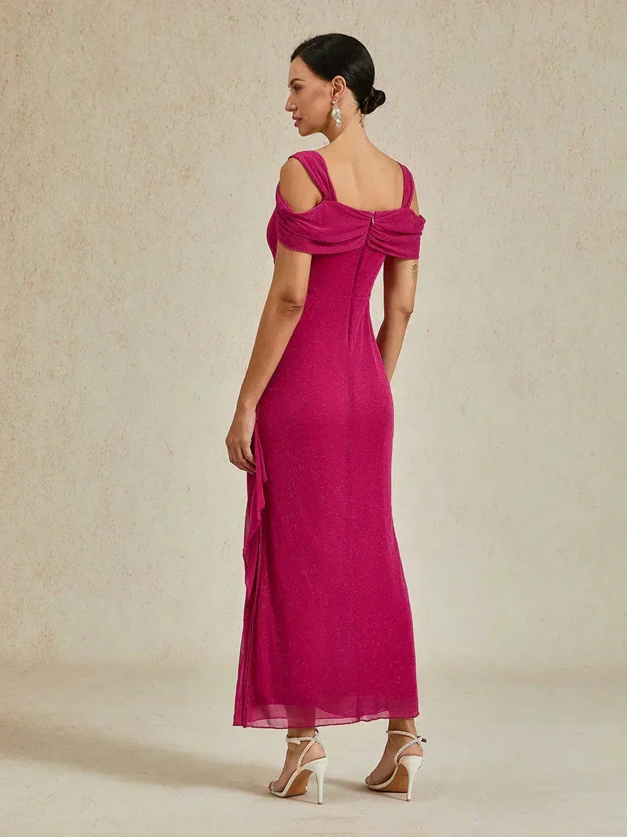 Robe en tulle scintillant à longueur cheville avec épaules dénudées
