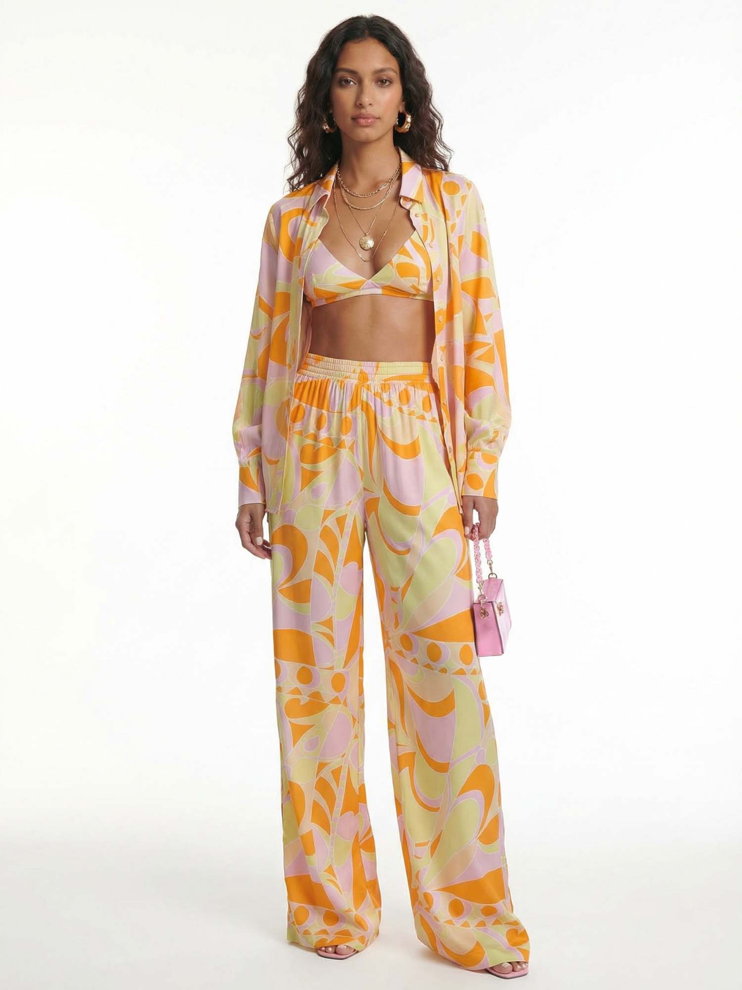 Pantalons larges avec imprimé graphique plage tropicale