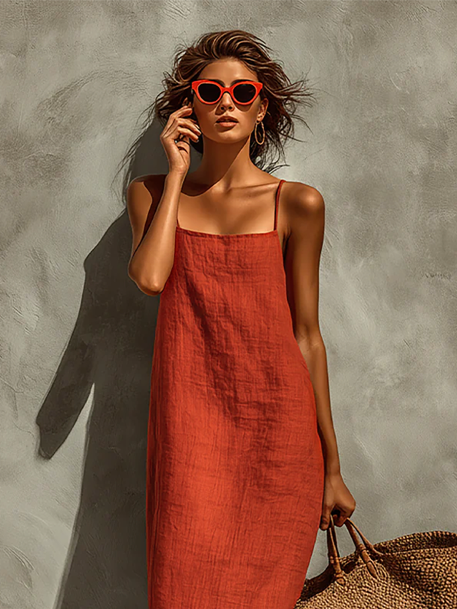 Robe en coton rouge pour femmes avec bretelles spaghetti et col carré, robe boho-resort intemporelle MDZ0924C3I