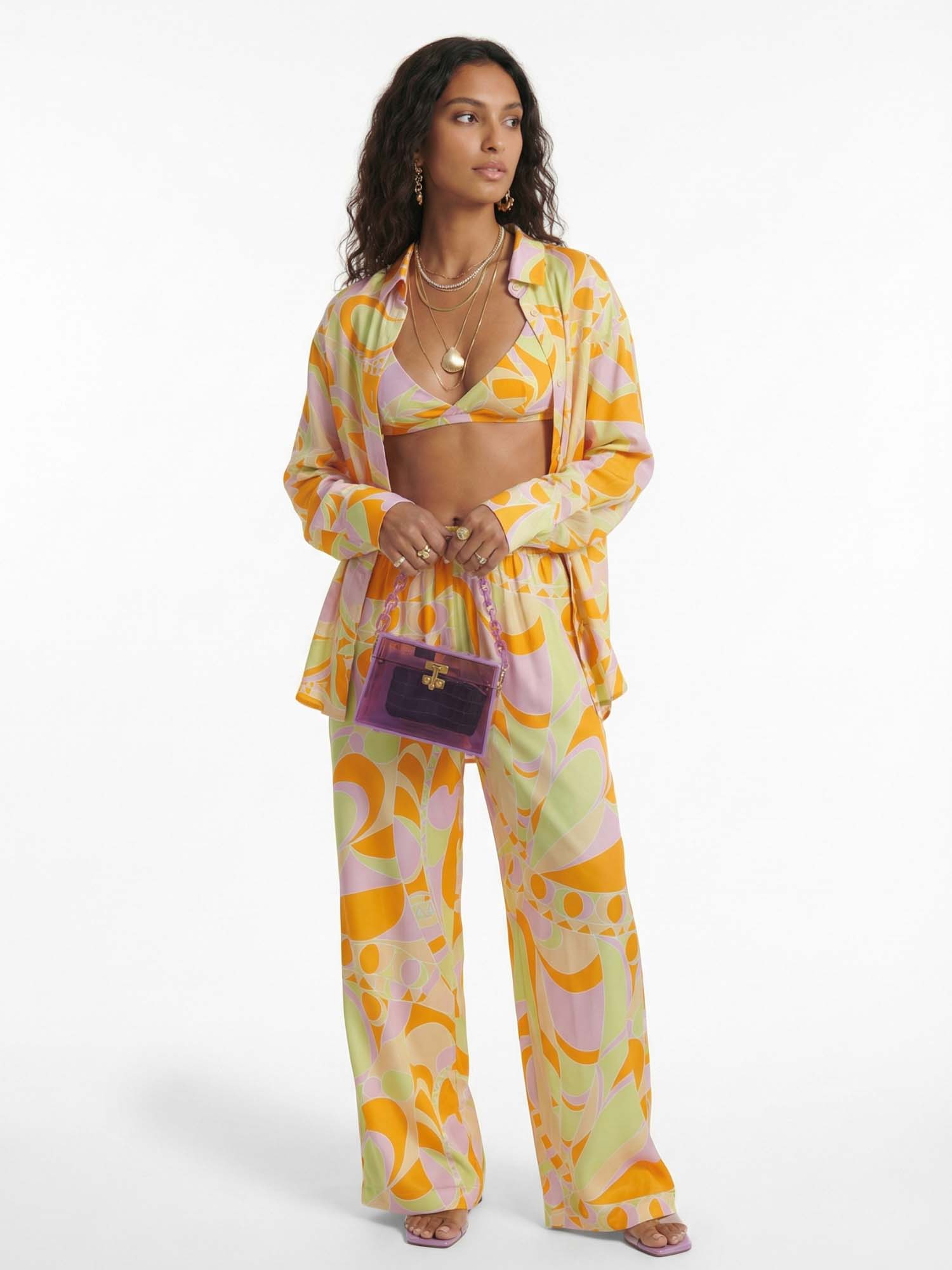 Pantalons larges avec imprimé graphique plage tropicale