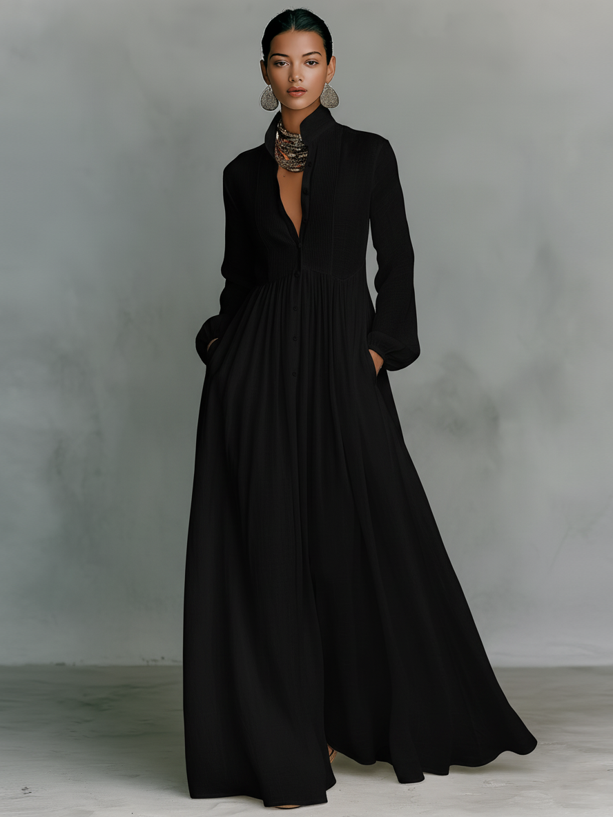 Robe maxi pour femmes au style minimaliste en mélange de coton et de lin avec des pièces de puzzle, avec un col montant et des manches longues
