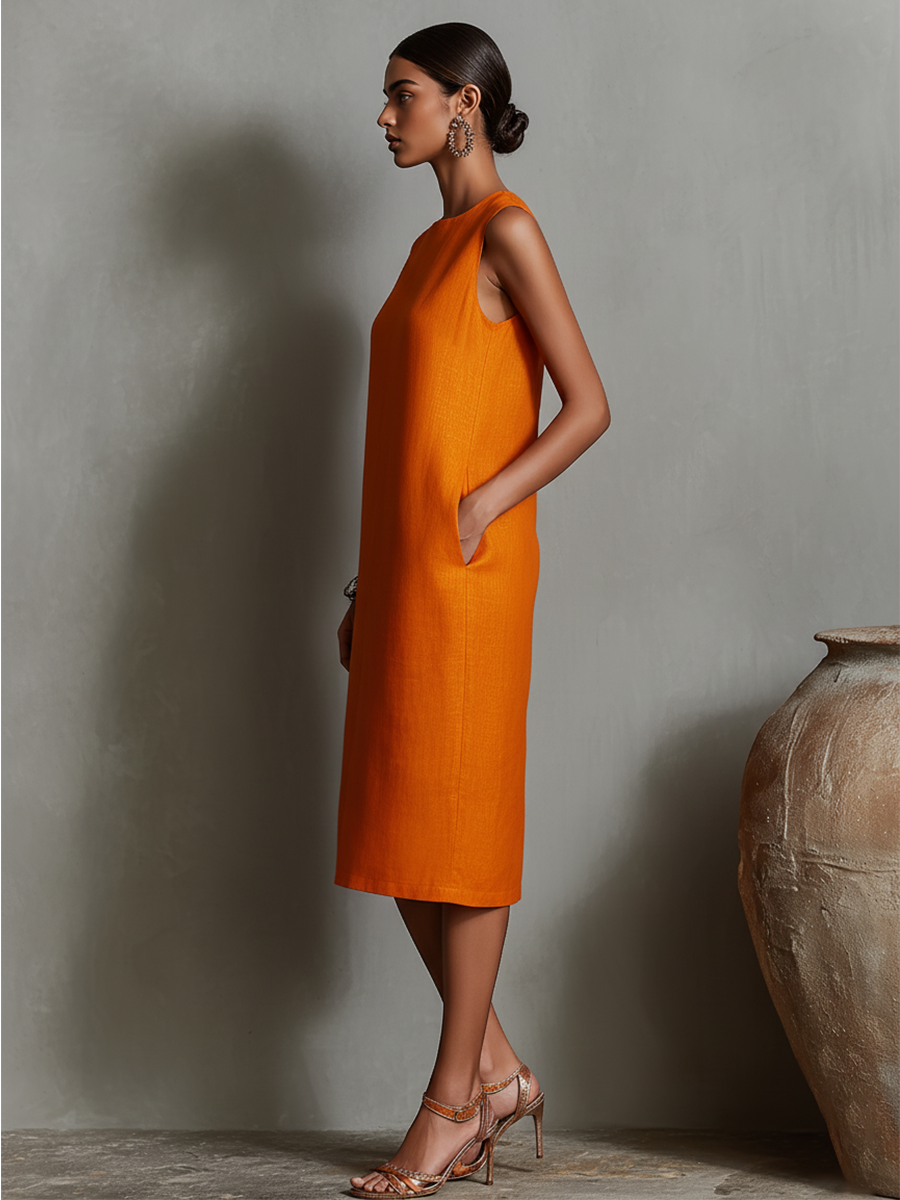 Robe en lin orange pour femmes avec col rond sans manches et poches latérales, style minimaliste-élégant intemporel MDZ2851C7I