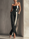 jumpsuit sans bretelles pour femmes en noir avec des rayures verticales blanches contrastées et des poches latérales MDZ0336C7T