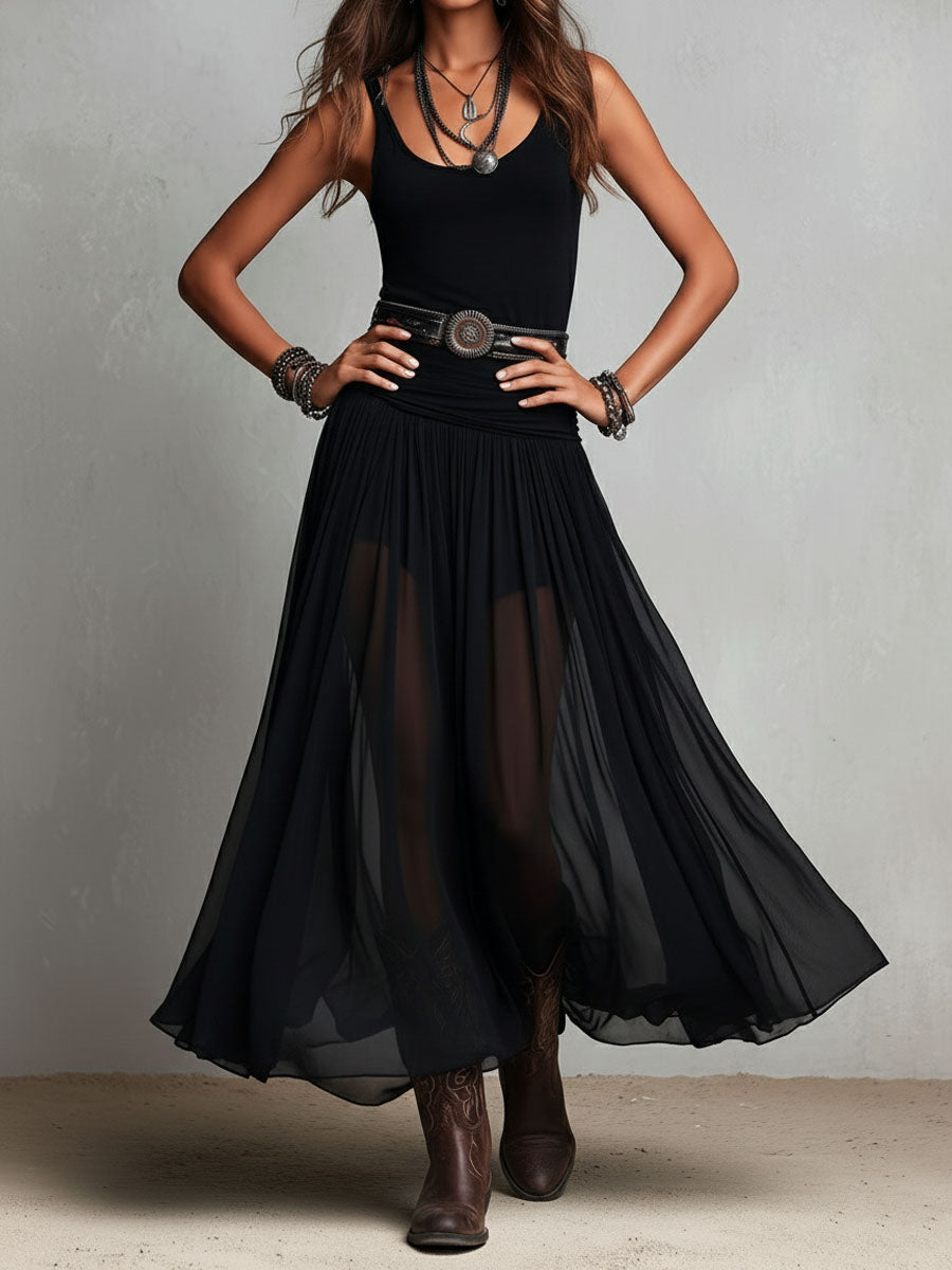 Robe maxi stretch noire boho occidental avec jupe transparente