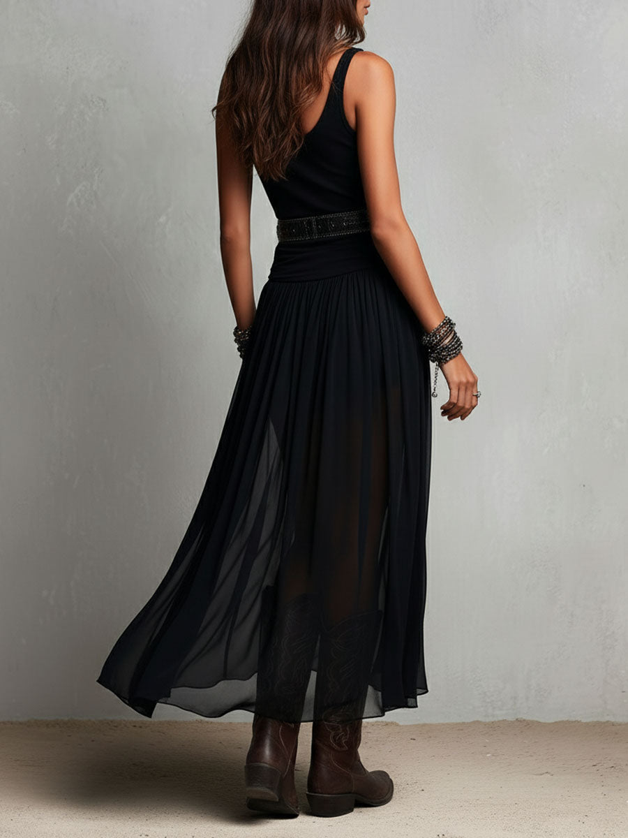 Robe maxi stretch noire boho occidental avec jupe transparente