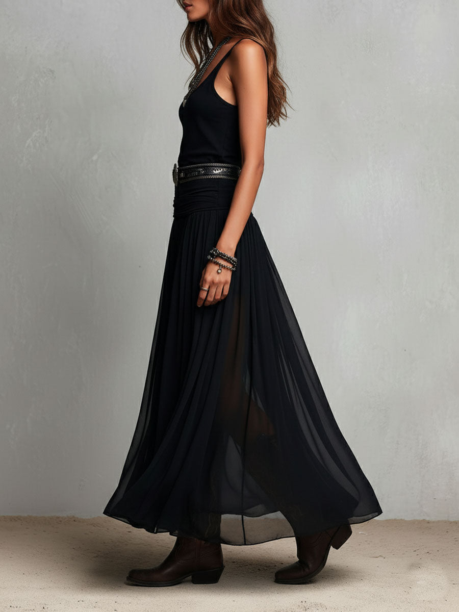 Robe maxi stretch noire boho occidental avec jupe transparente