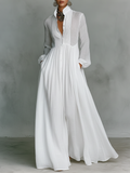 Robe maxi pour femmes au style minimaliste en mélange de coton et de lin avec des pièces de puzzle, avec un col montant et des manches longues