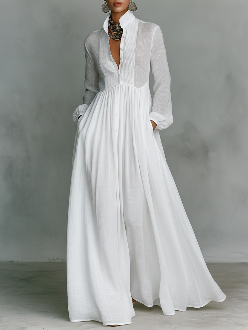 Robe maxi minimaliste pour femmes en tissu coton et blanc avec patchwork, avec un bouton, col montant et manches longues MDA0658K6Y