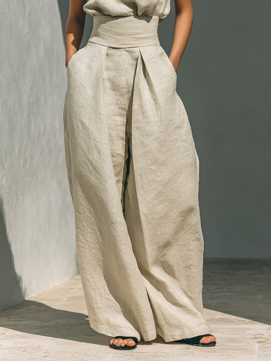 Ensemble composé d'un haut sans manches et d'un pantalon large en coton et lin.