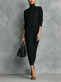 Robe midi pour femmes en noir, tricotée, avec col montant, manches longues, ample, sans poches MDA1974L7AN