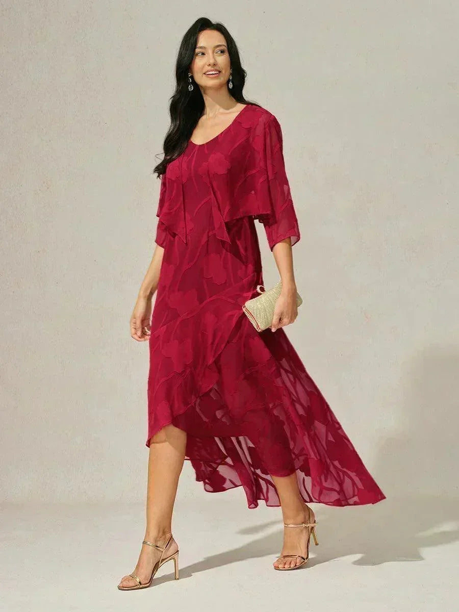 Robe de soirée sans manches en chiffon floral avec des bords asymétriques