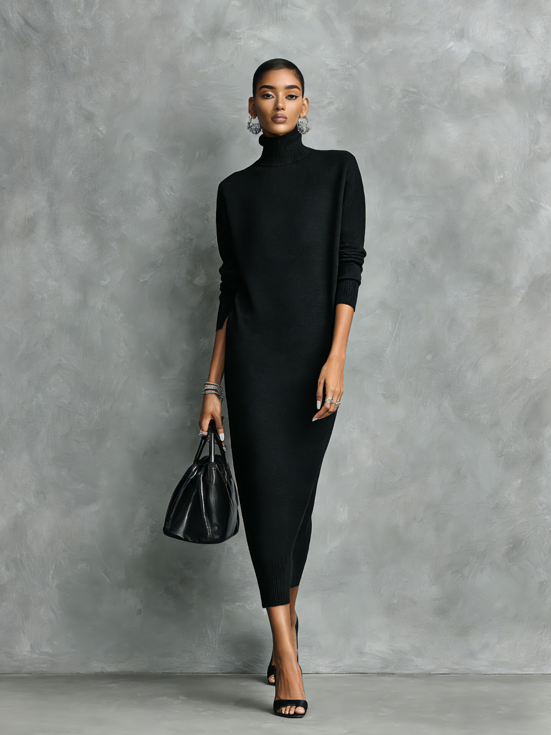 Robe midi noire élégante en maille avec col haut et manches longues, coupe douce, sans poches MDA1974L7AN