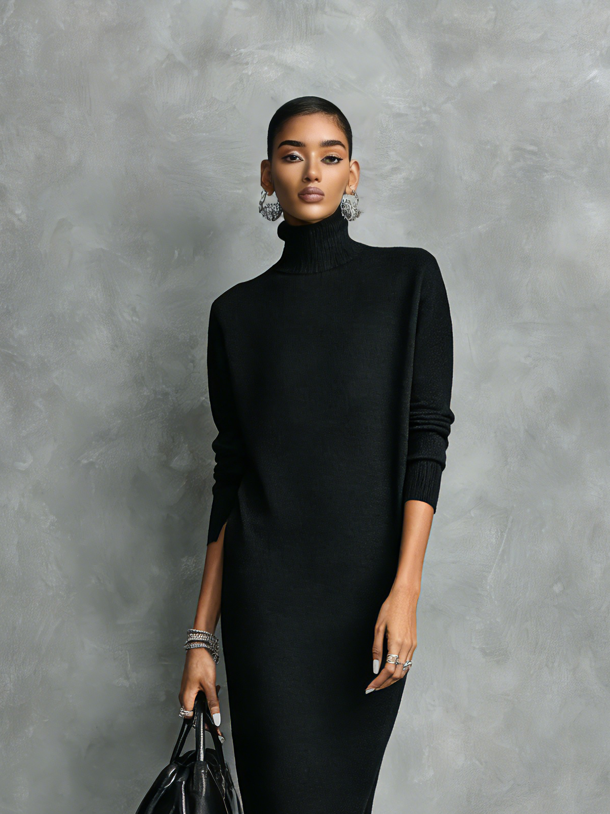 Robe midi noire élégante en maille avec col haut et manches longues, coupe douce, sans poches MDA1974L7AN