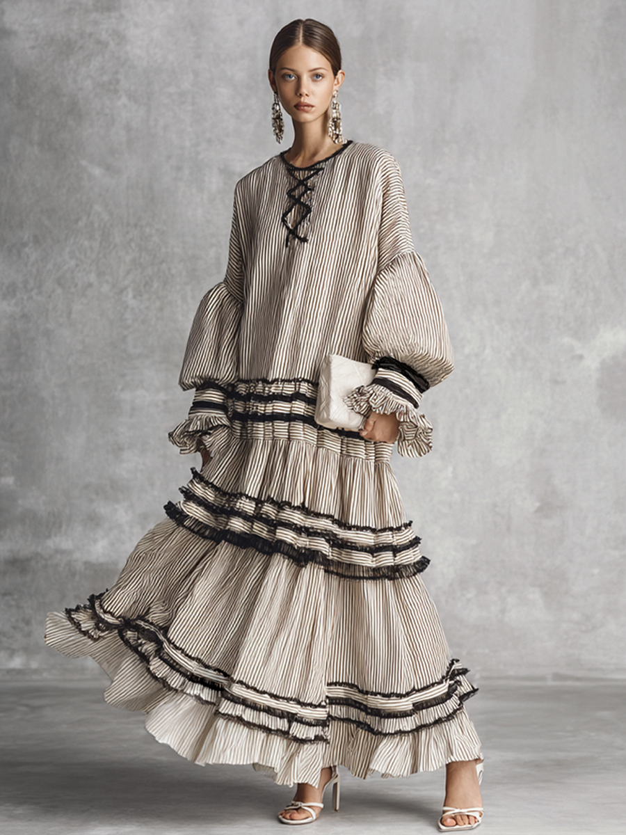 Robe maxi pour femmes avec des volants et des rayures en couleurs marron et blanc MDZ1426B2BA
