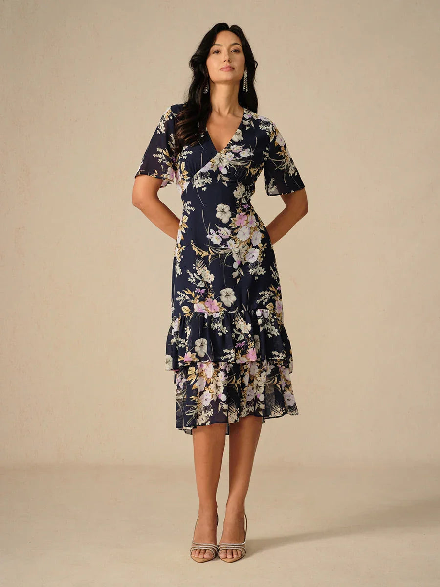 Robe midi en chiffon à fleurs avec décolleté en V et zips