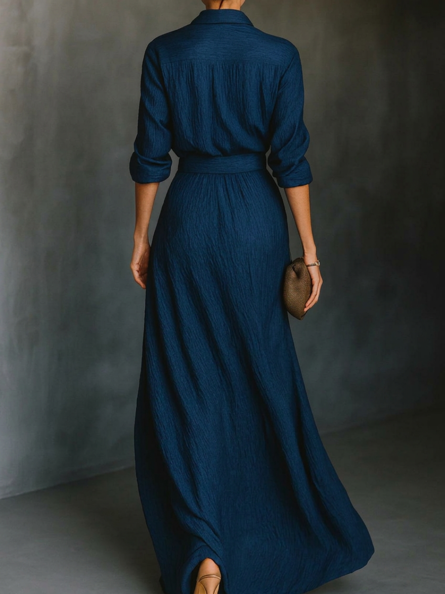 Ensemble de chemise à manches longues, col et jupe maxi plissée élégante de couleur unie