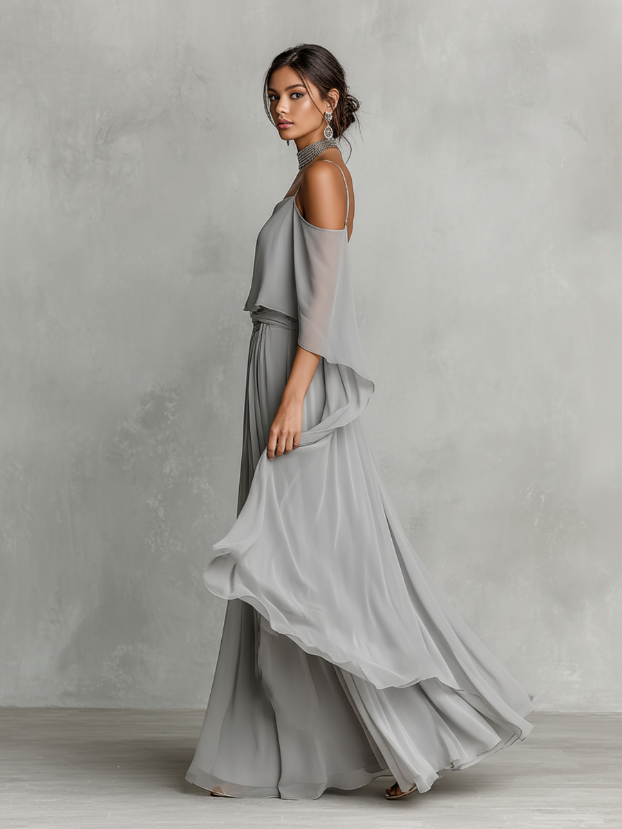 Ensemble en chiffon gris pour femmes avec détails d'épaule dénudée et silhouette évasée, ensemble de style féminin-moderne luxueux MDZ2651B6I